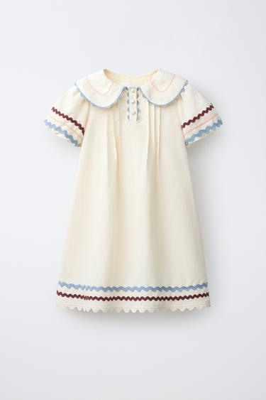 LINEN BLEND DRESS WITH CONTRAST RIC RAC - Ecru by Zara