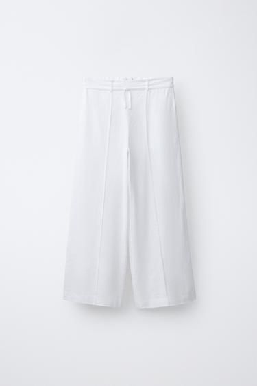 WIDE-LEG TROUSERS WITH DRAWSTRING AND LINEN BLEND - Oyster-white by Zara