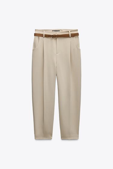 Zara BELTED PLEATED PANTS - Light camel