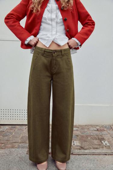 STRIPED BARREL-LEG PANTS — Khaki 2