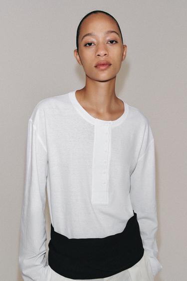 Zara LINEN BLEND HENLEY SHIRT - White
