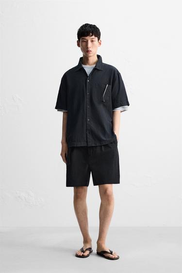 Zara 棉質/萊塞爾纖維提花襯衫 - 海藍色