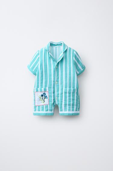 6-14 YEARS/ STRIPED FLORAL SLEEPSUIT - Blue/White by Zara - Image 0