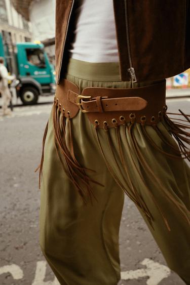 Zara LEATHER FRINGED OBI BELT - taupe brown - Image 0