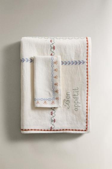 CROSS STITCH LINEN TABLECLOTH - Ecru by Zara