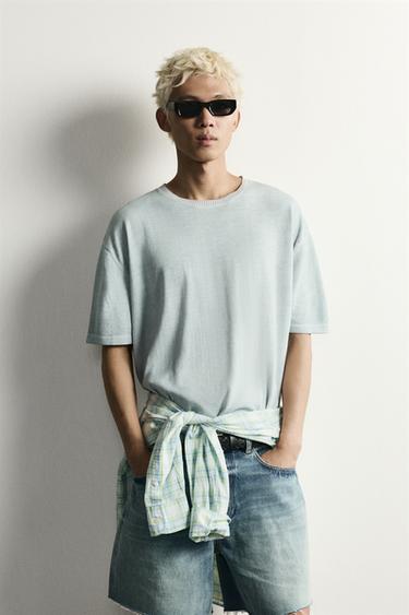 CAMISETA PUNTO EFECTO LAVADO - Celeste lavado de Zara