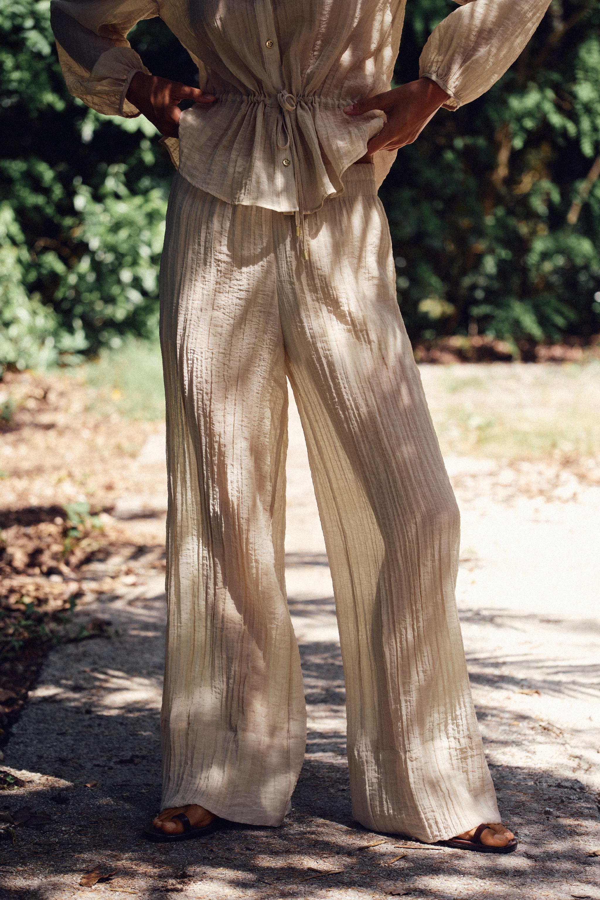 WRINKLED EFFECT SEMI-SHEER WIDE LEG PANTS - Light beige