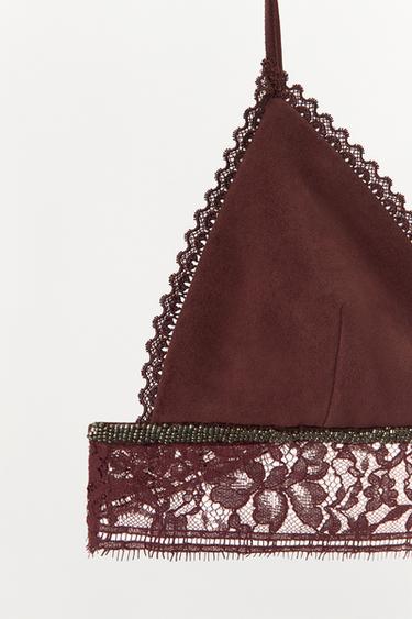 SUJETADOR PIEL ANTE 100%  ENCAJE - Negro / Marrón de Zara