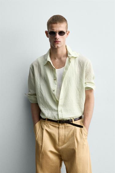 Zara RELAXED FIT STRUCTURED FLOWY SHIRT - Light green