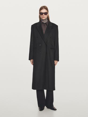 Zara Long double-breasted 100% wool coat - Black