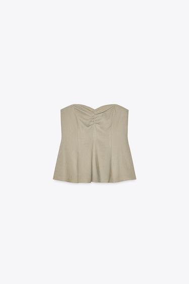 LINEN BLEND BANDEAU TOP - Dark straw by Zara