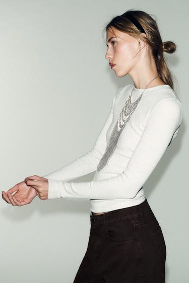 Zara LONG SLEEVE RIBBED T-SHIRT - Gray marl