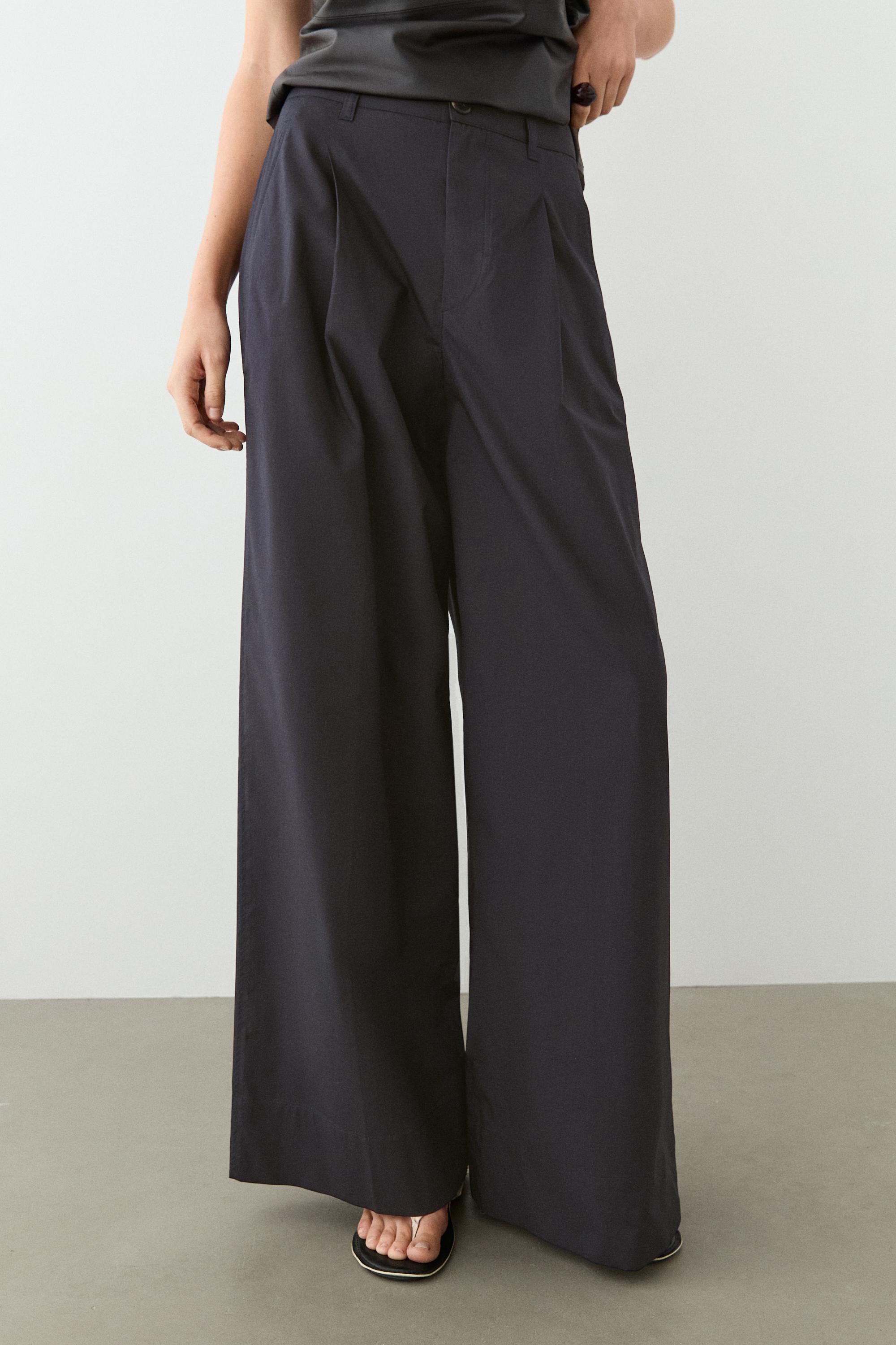Cotton blend wide-leg pleated trousers — Bluish