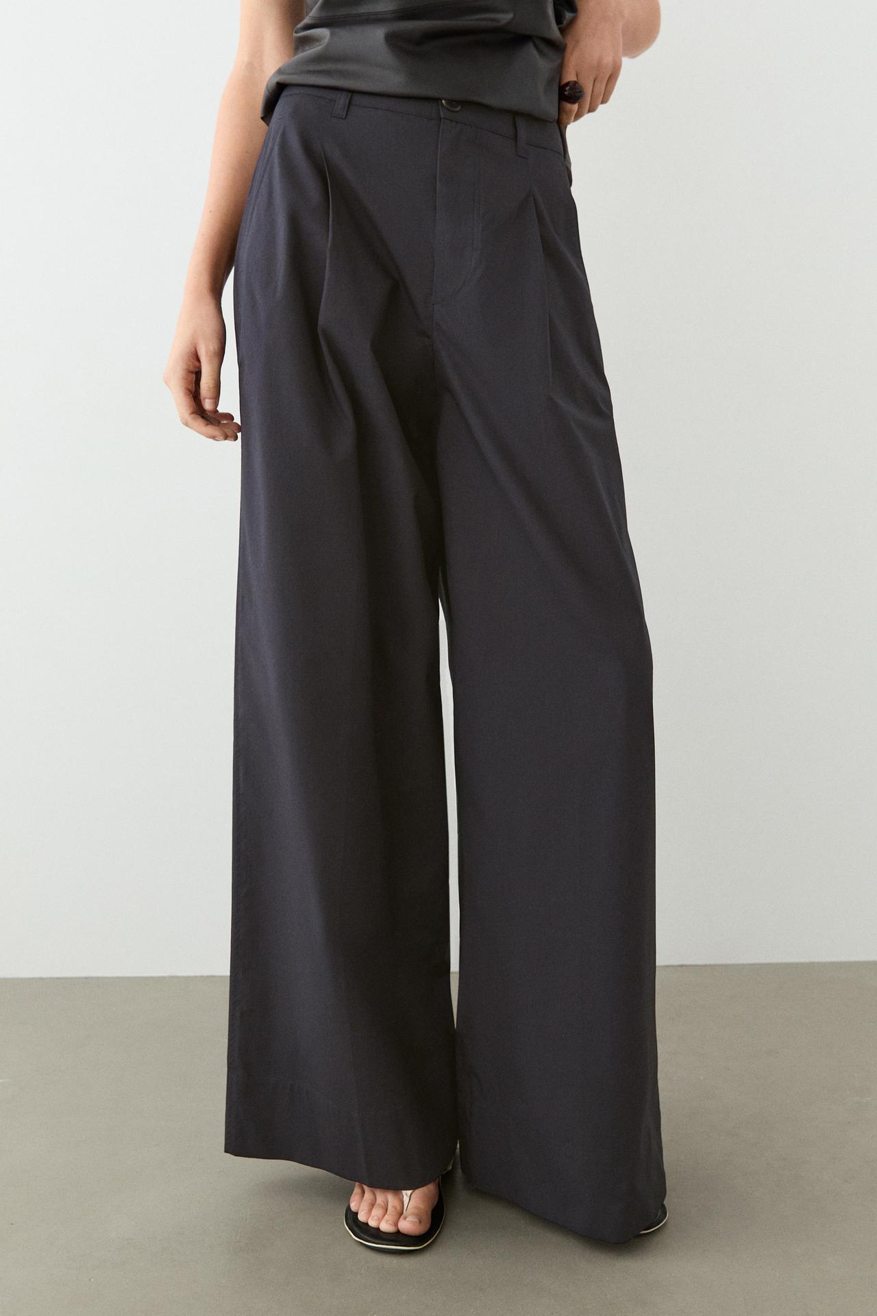 Cotton blend wide-leg pleated trousers — Bluish