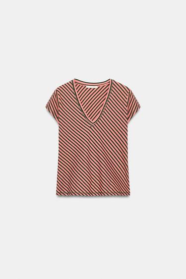 STRIPED LINEN BLEND T-SHIRT - Printed by Zara