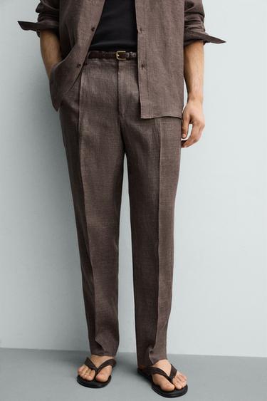 REGULAR FIT 100% LINEN TROUSERS - Brown marl by Zara - Image 4