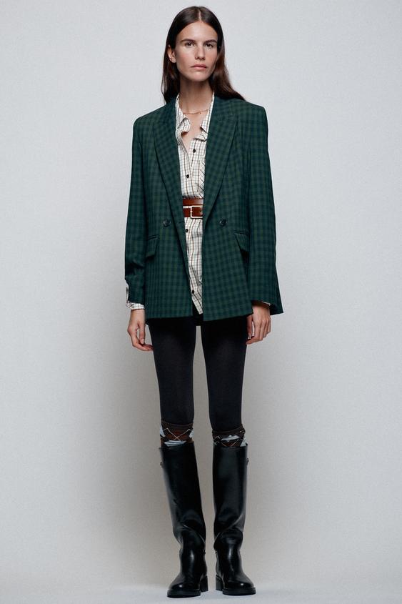 Zara CHECKED DOUBLE-BREASTED BLAZER - Green / Blue - Image 0