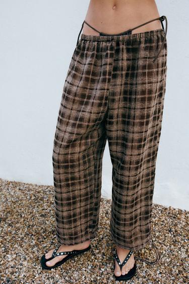 Zara PLAID ADJUSTABLE HEM PARACHUTE PANTS - Brown / Ecru