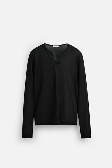 SEMI-SHEER T-SHIRT WITH OPEN NECK - Black by Zara - Image 8