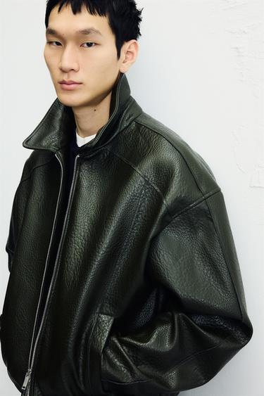 Zara EMBOSSED FAUX LEATHER JACKET - Dark olive - Image 0