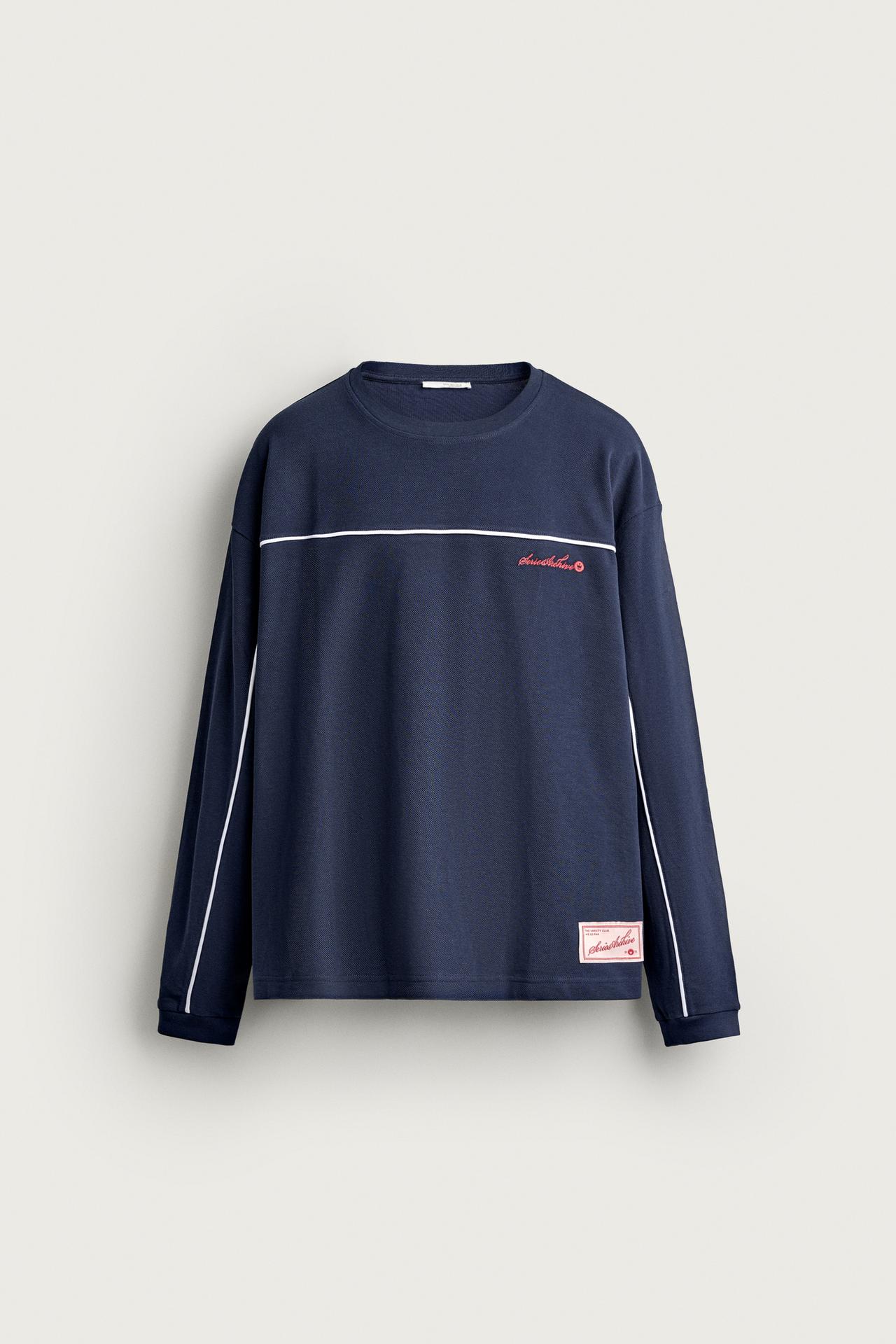 CONTRAST EMBROIDERED PIQUÉ SWEATSHIRT — navy