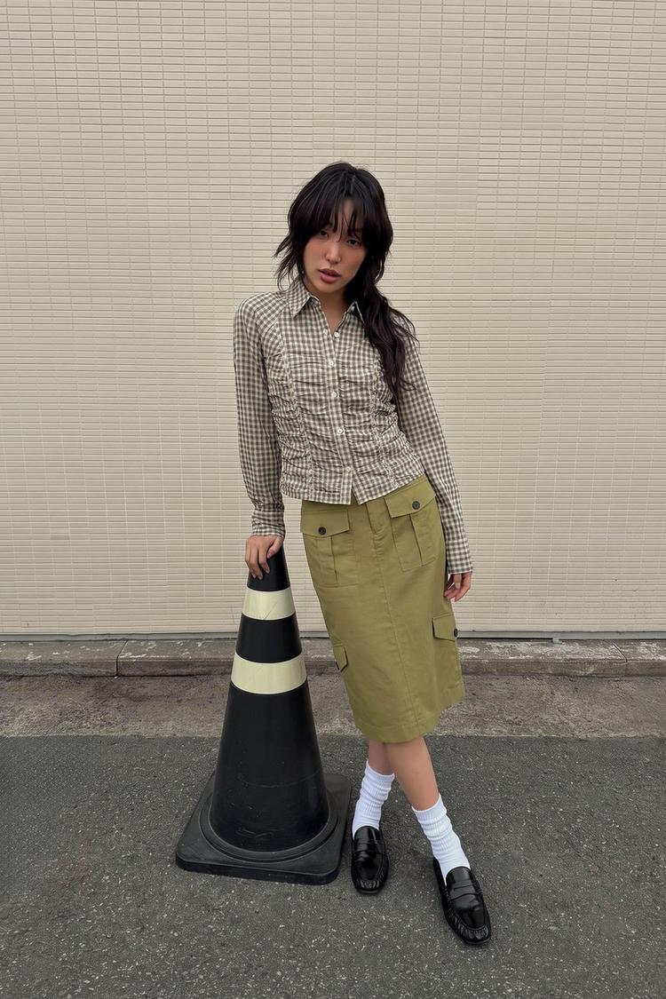 CHECKS GATHERED POPLIN SHIRT