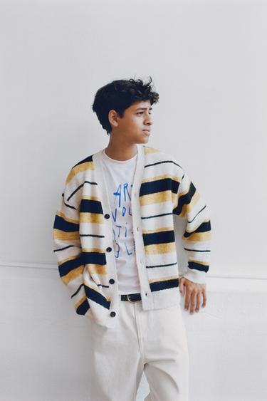 Zara STRIPED KNIT CARDIGAN - Sand / Black