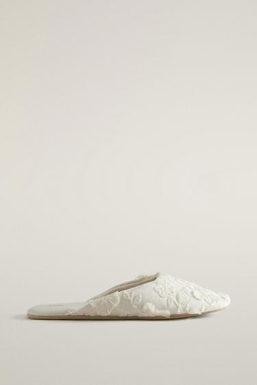 FLORAL MULE SLIPPERS WITH LEATHER SOLE — Beige 2