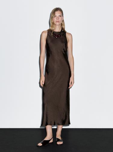 Zara Long satin halter neck dress - Chocolate - Image 0