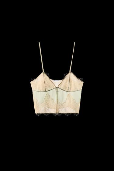 LACE-TRIMMED STRAPPY CAMISOLE TOP - Sea green by Zara - Image 0