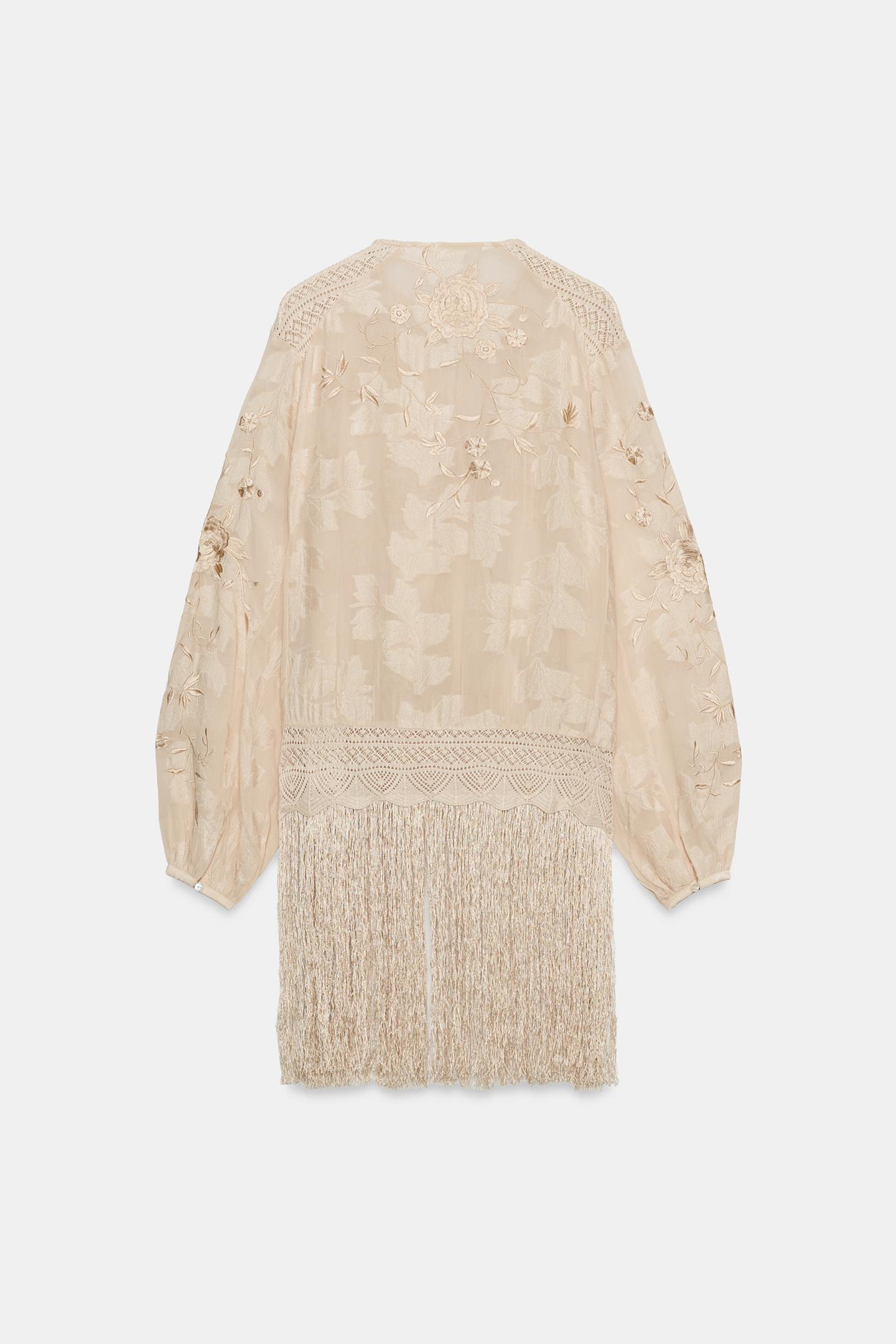Женская блузка Zara ZW Collection Embroidered Fringe Blouse, цвет: Экрю / Бежевый — фото 9