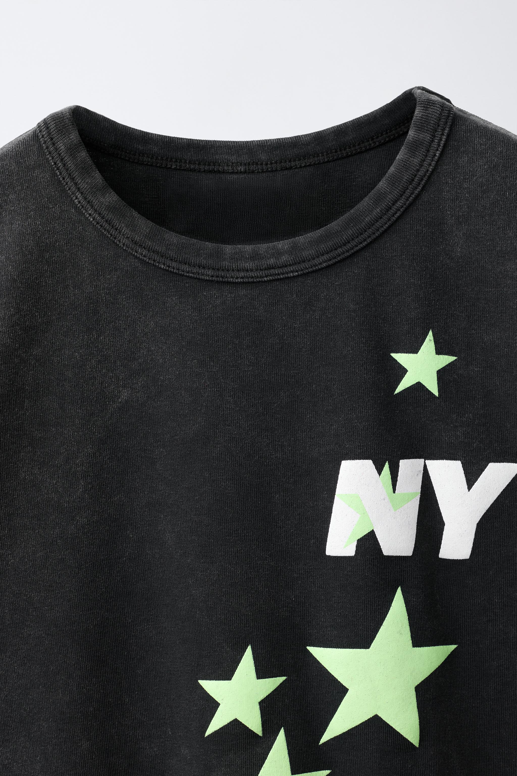 Acid Wash Star & Text Print T-Shirt