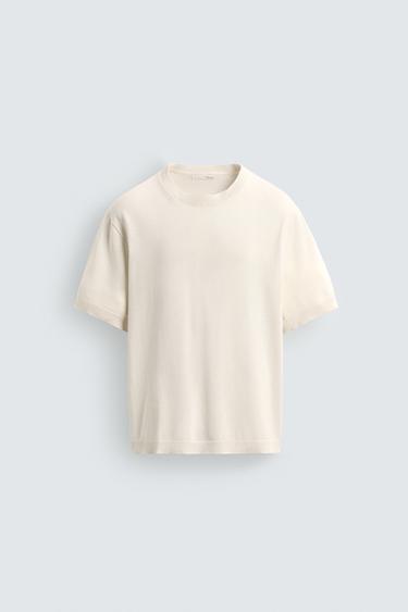 T-SHIRT EN MAILLE LÉGÈRE DE COTON - Blanc cassé de Zara