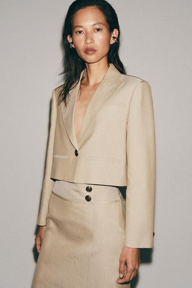 Zara ZW COLLECTION STRIPED CROPPED BLAZER - Beige