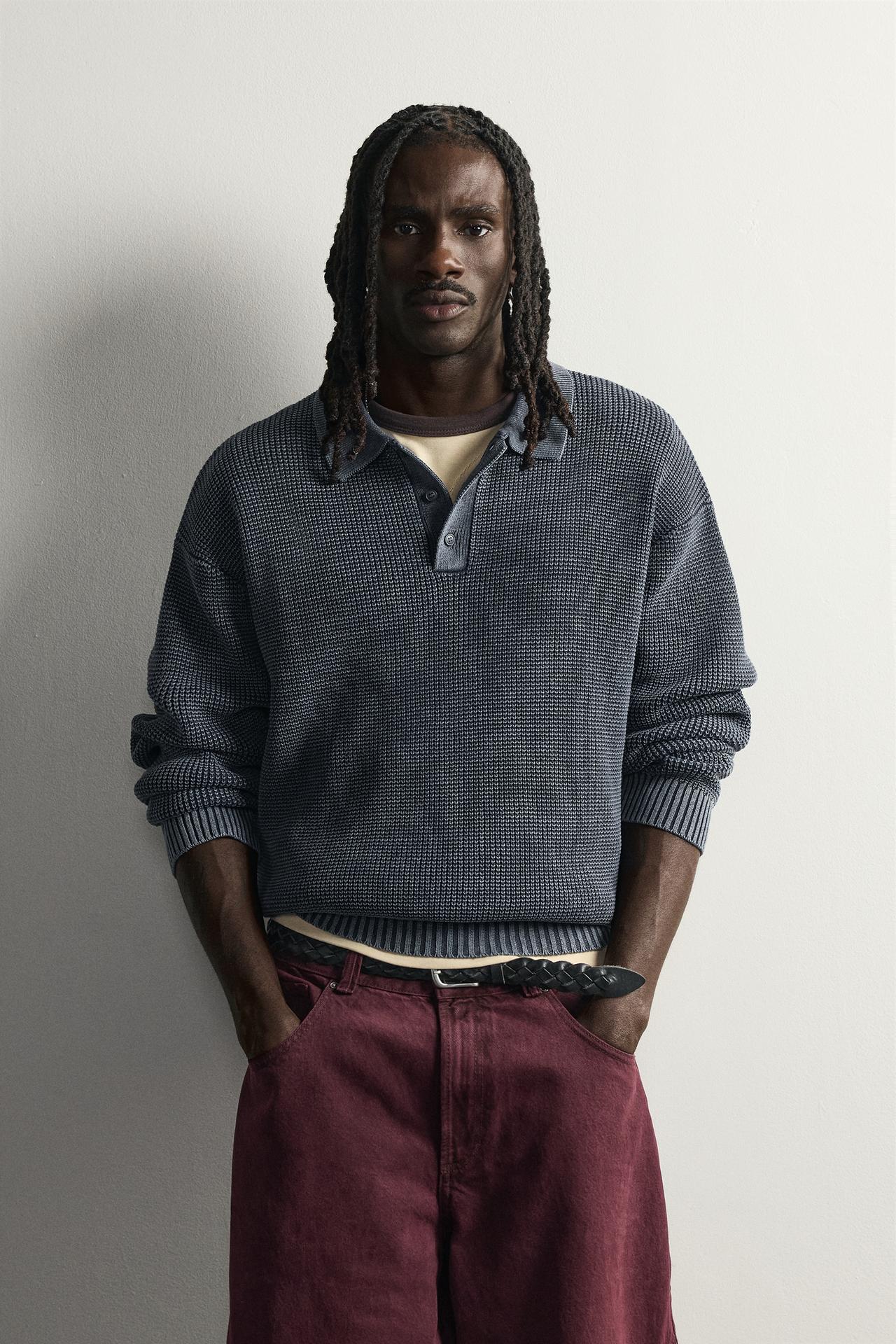 WASHED COTTON KNIT POLO — Indigo