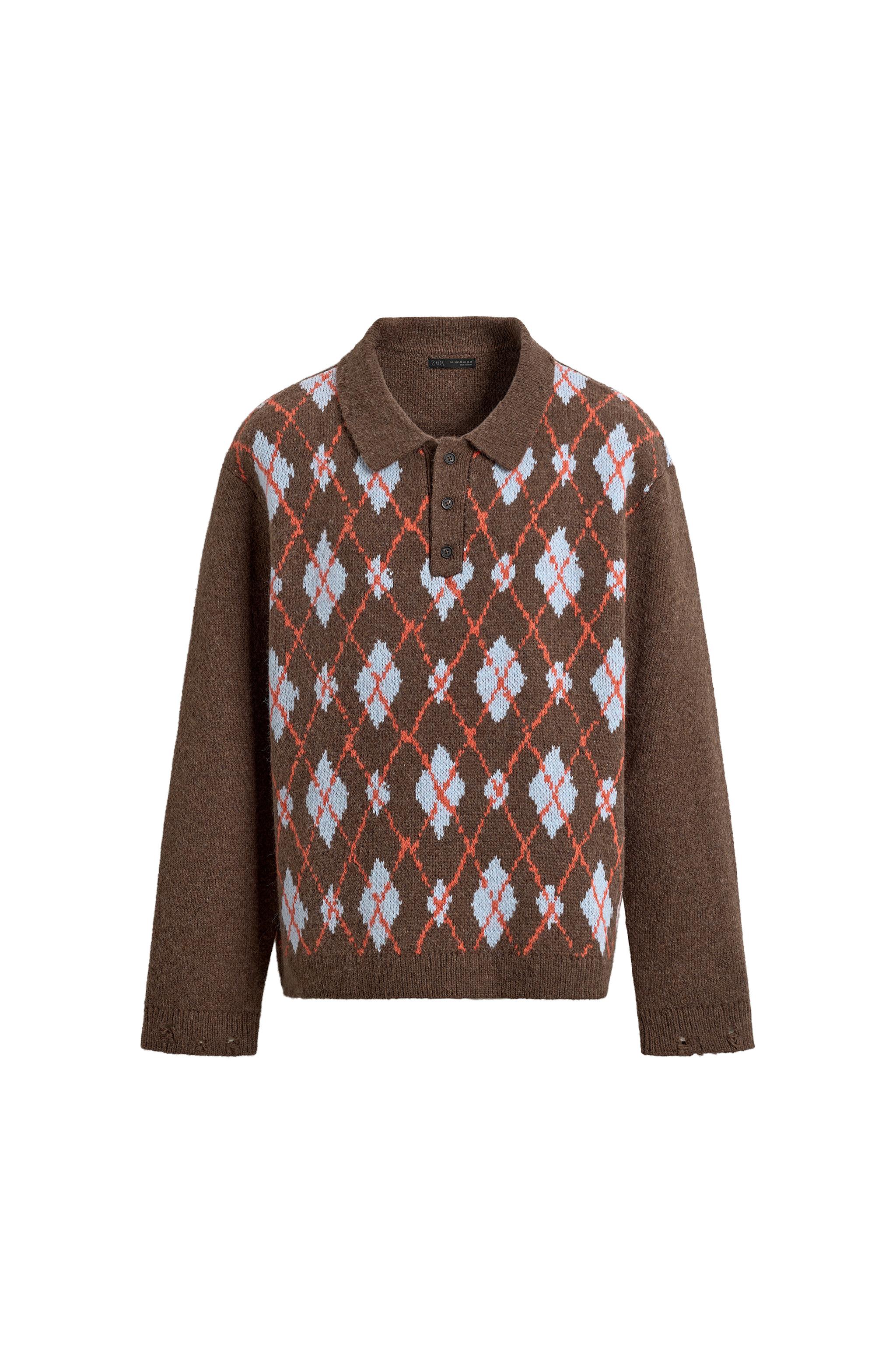 KNIT ARGYLE POLO SHIRT WITH RIPPED EFFECT