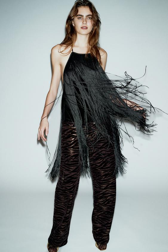 FRINGED VELVET HALTER TOP