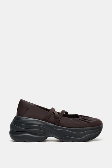 새틴 셔링 발레리나 플랫슈즈 - Zara 브라운