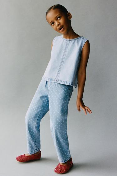 PANTALON EN JEAN PAPERBAG À POIS - Bleu moyen de Zara