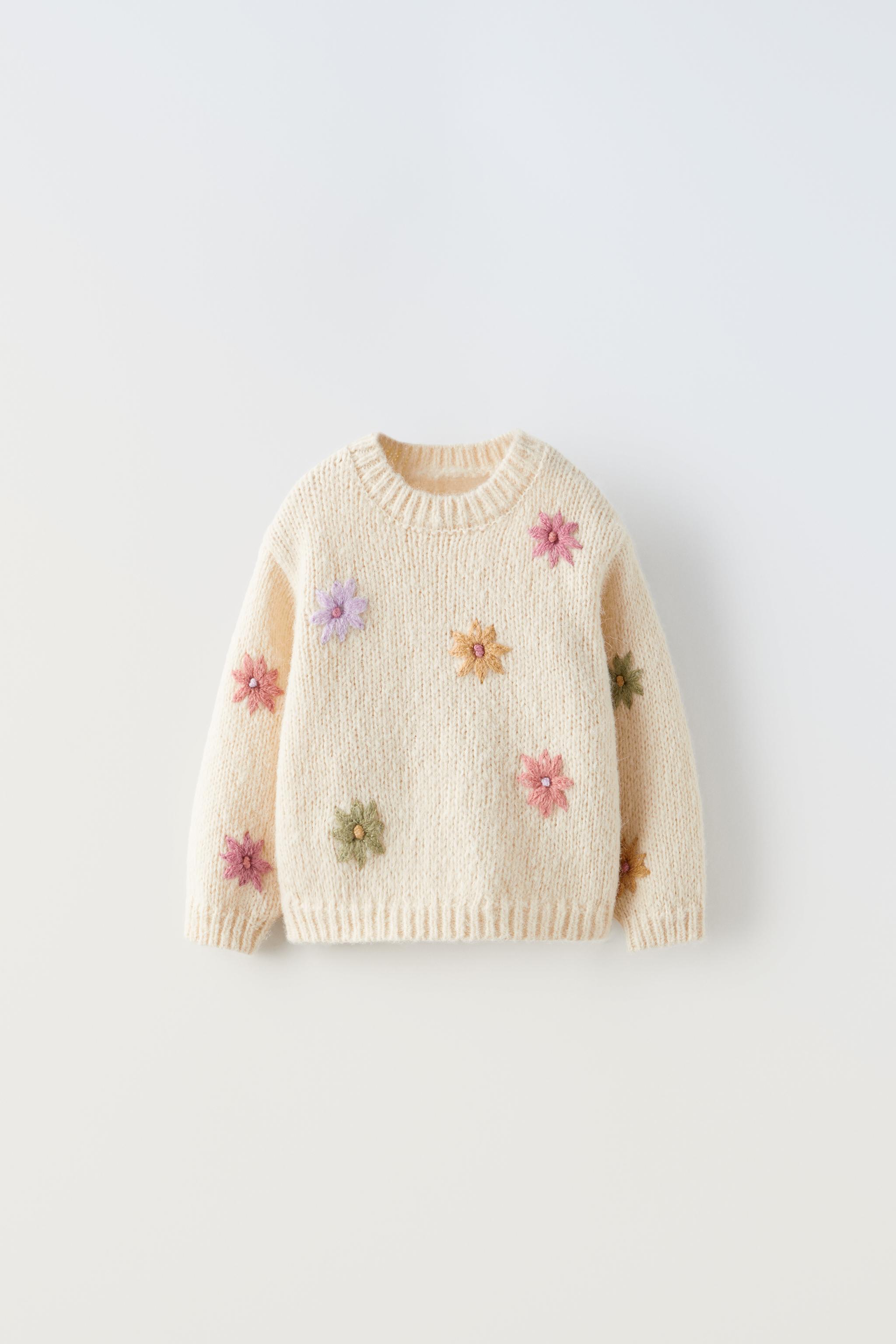 美品】ZARA ニット カーディガン 白 セーター 冬 花 刺繍 ショート丈