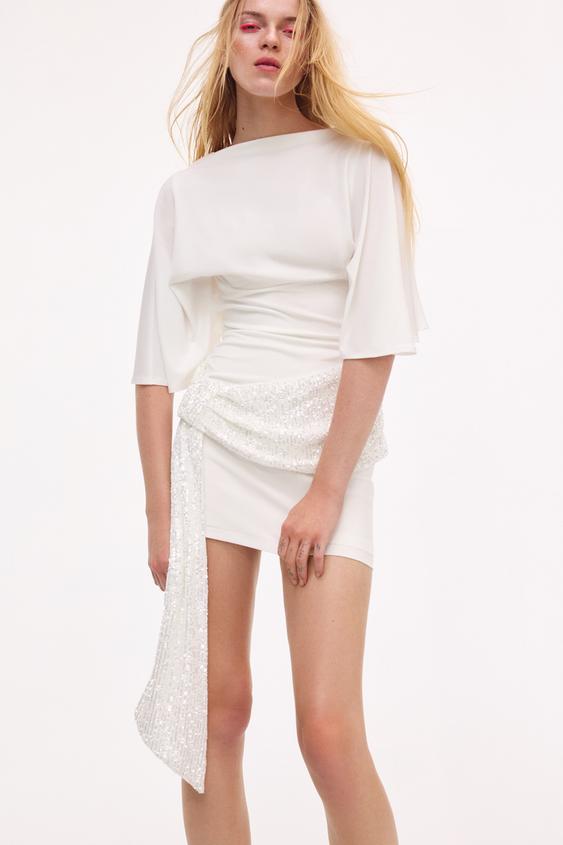 VESTIDO CORTO COMBINADO LENTEJUELAS - Blanco de Zara - Imagen 0