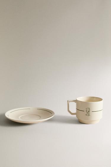 STONEWARE TEACUP AND SAUCER - White / Green by Zara - Image 3
