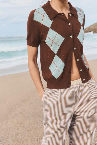 DIAMOND PATTERN KNIT POLO TOP - Brown-Blue by Zara - Image 1