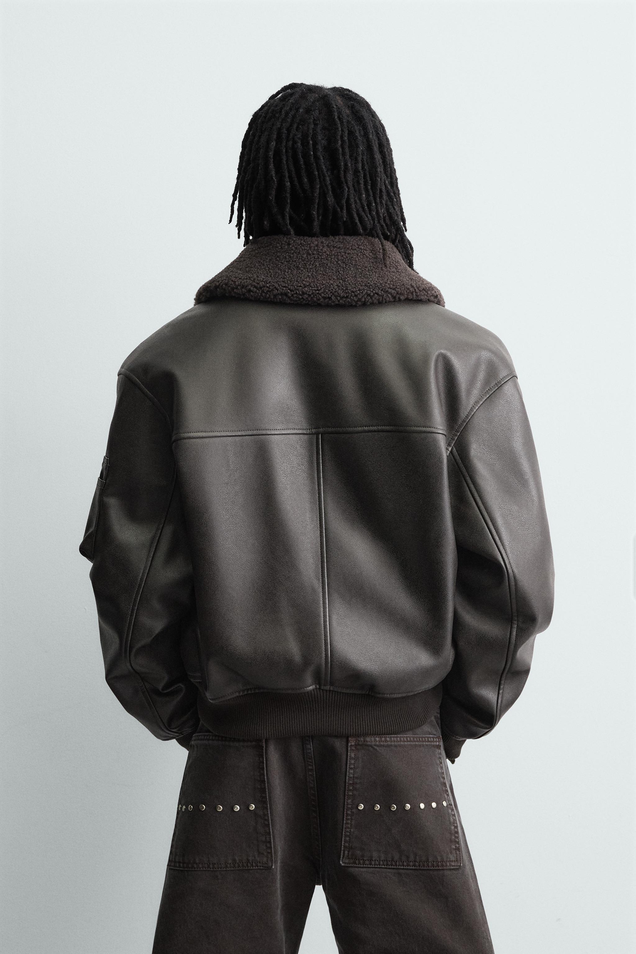 取り外し可能な襟付きフェイクレザージャケット - ブラウン | ZARA