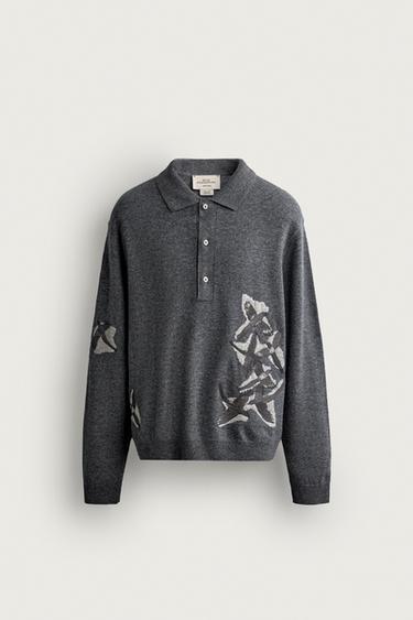 100% WOOL INTARSIA EMBROIDERED KNIT POLO SHIRT - Mid-grey by Zara