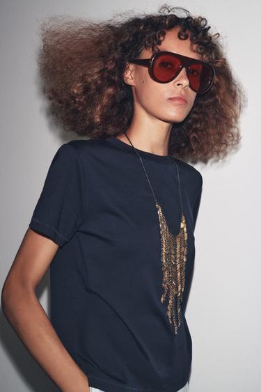 MERCERISED COTTON T-SHIRT - Navy blue by Zara