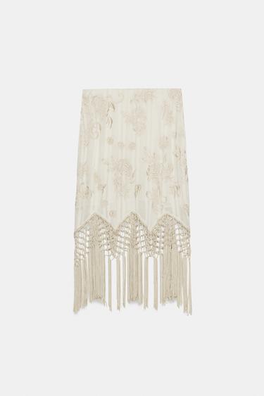 ZW COLLECTION EMBROIDERED FRINGED SKIRT - Ecru by Zara - Image 6