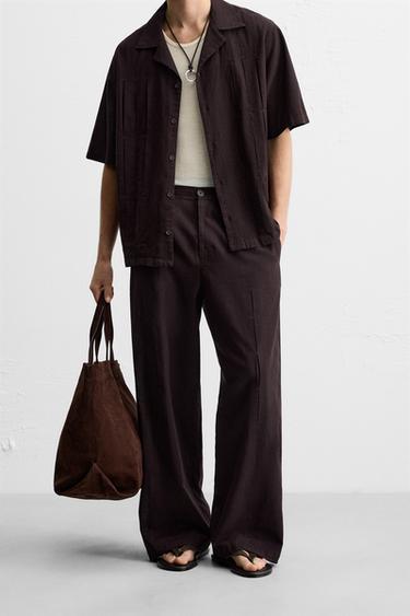 PANTALÓN ALGODÓN - LINO PLIEGUES - Marrón oscuro de Zara