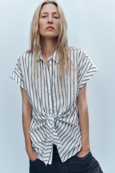 Zara 亞麻條紋結扣襯衫 - 藍色 / 白色