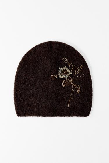 KNIT BEANIE WITH FLORAL BEADING - Brown by Zara
